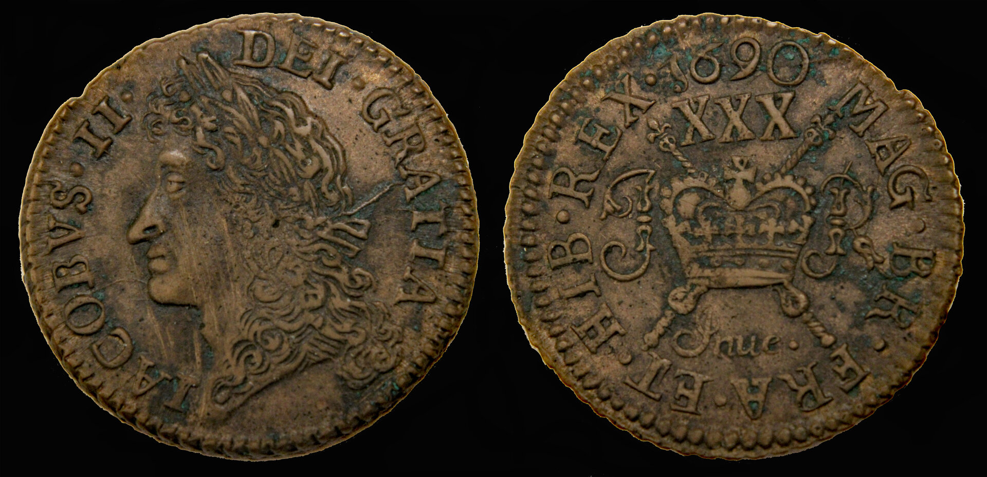 D-Camera James II Ireland AE half crown 'gun money' 1690 Jnue error Dale Seppa 10.6g 7-22-21.jpg