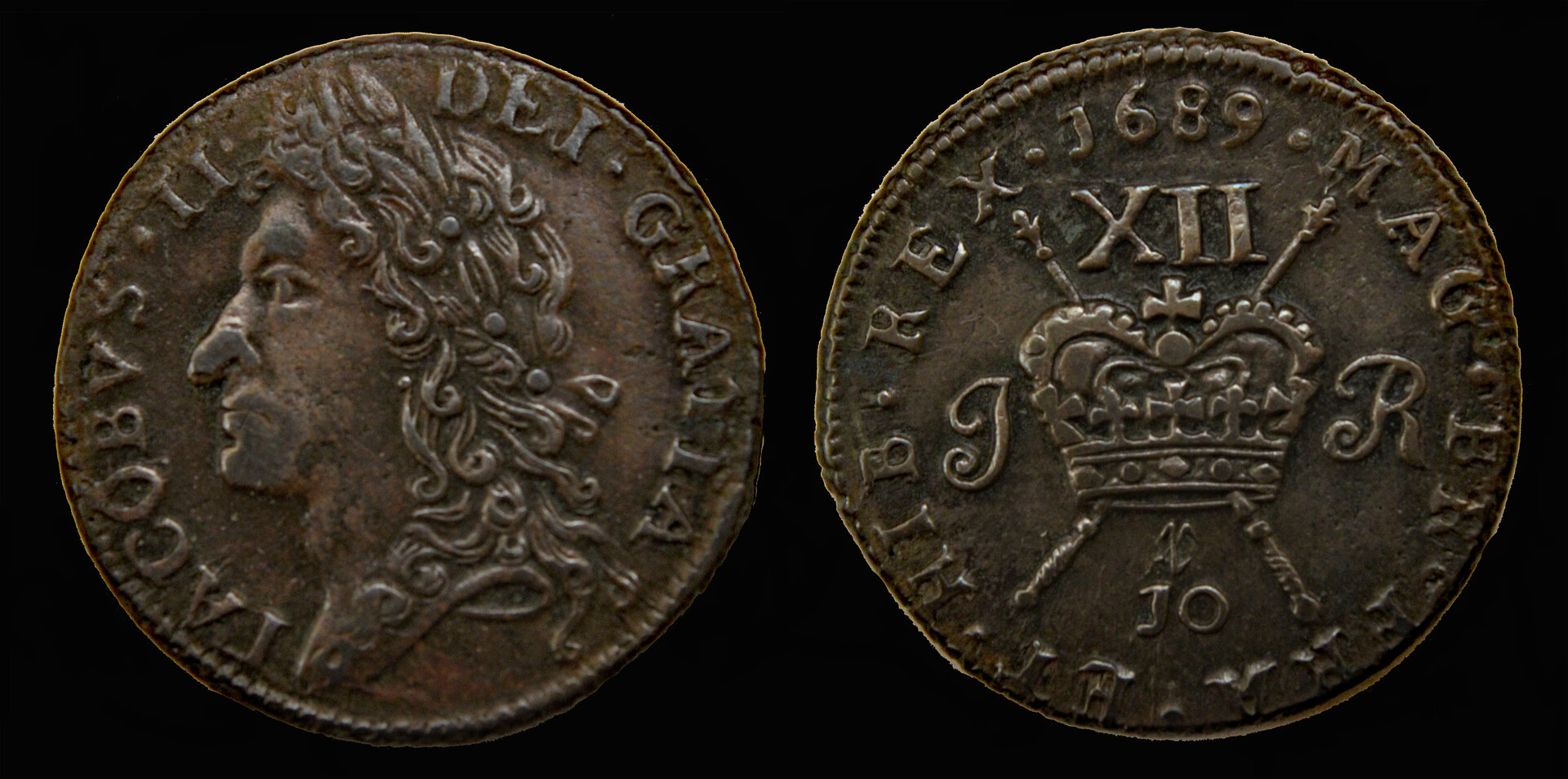 D-Camera James II Ireland AE shilling 'gun money' 1689 10-Dec Dale Seppa 7.4g Karl 7-22-21.jpg