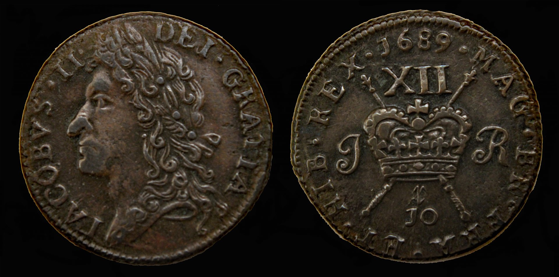 D-Camera James II Ireland AE shilling 'gun money' 1689 10-Dec Dale Seppa 7.4g Karl 7-22-21.jpg