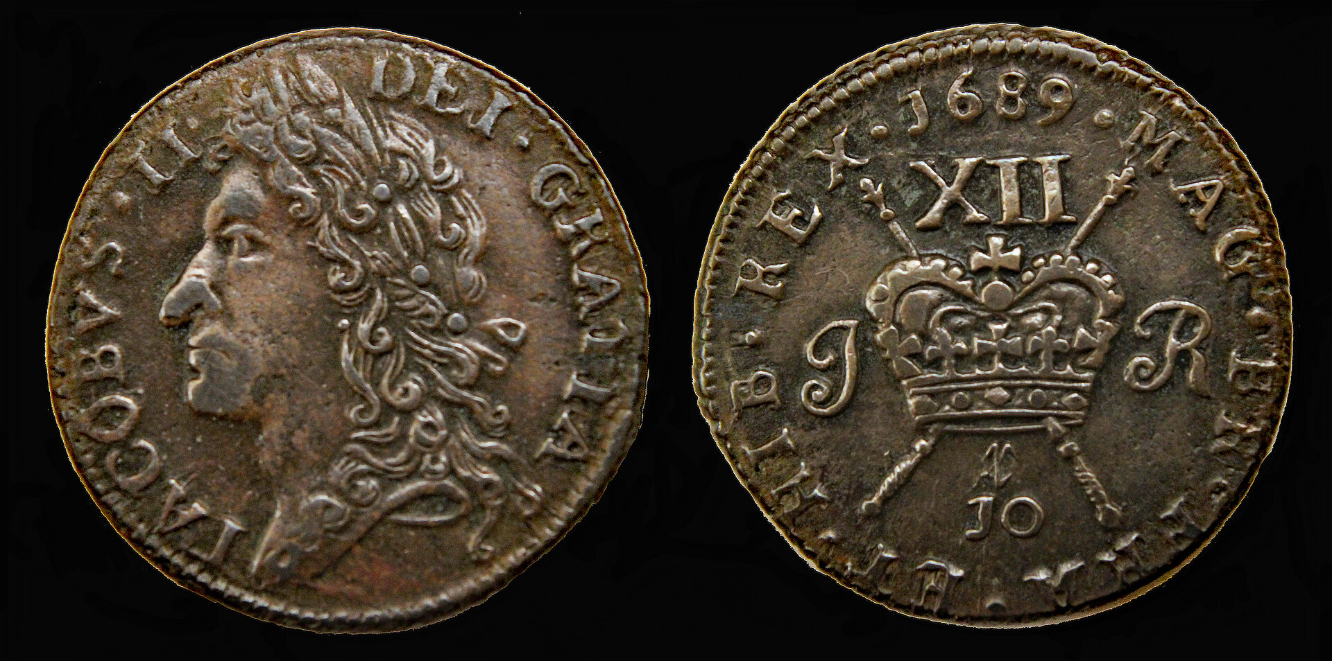 D-Camera James II Ireland AE shilling 'gun money' 1689 10-Dec Dale Seppa 7.4g Karl 7-22-21.jpg