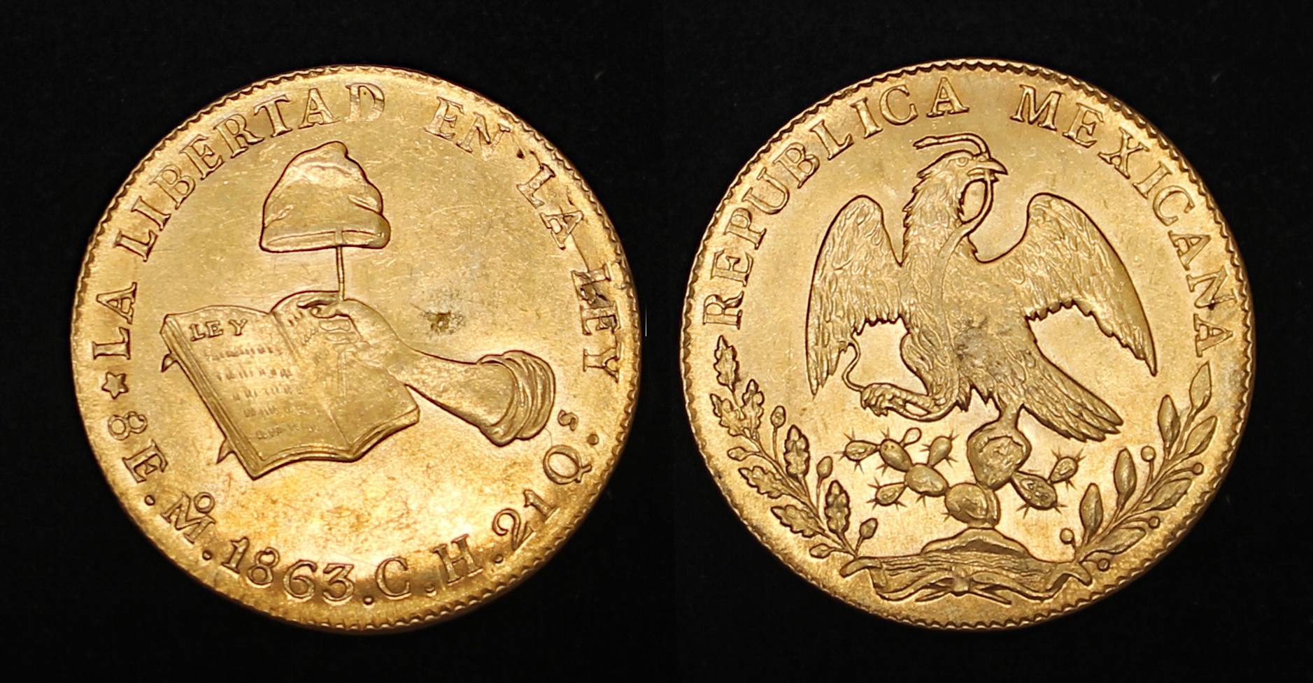 D-Camera Mexico 8 escudos 1863 CH Mexico KM 383.9 27.02 grams 6-15-23.jpg