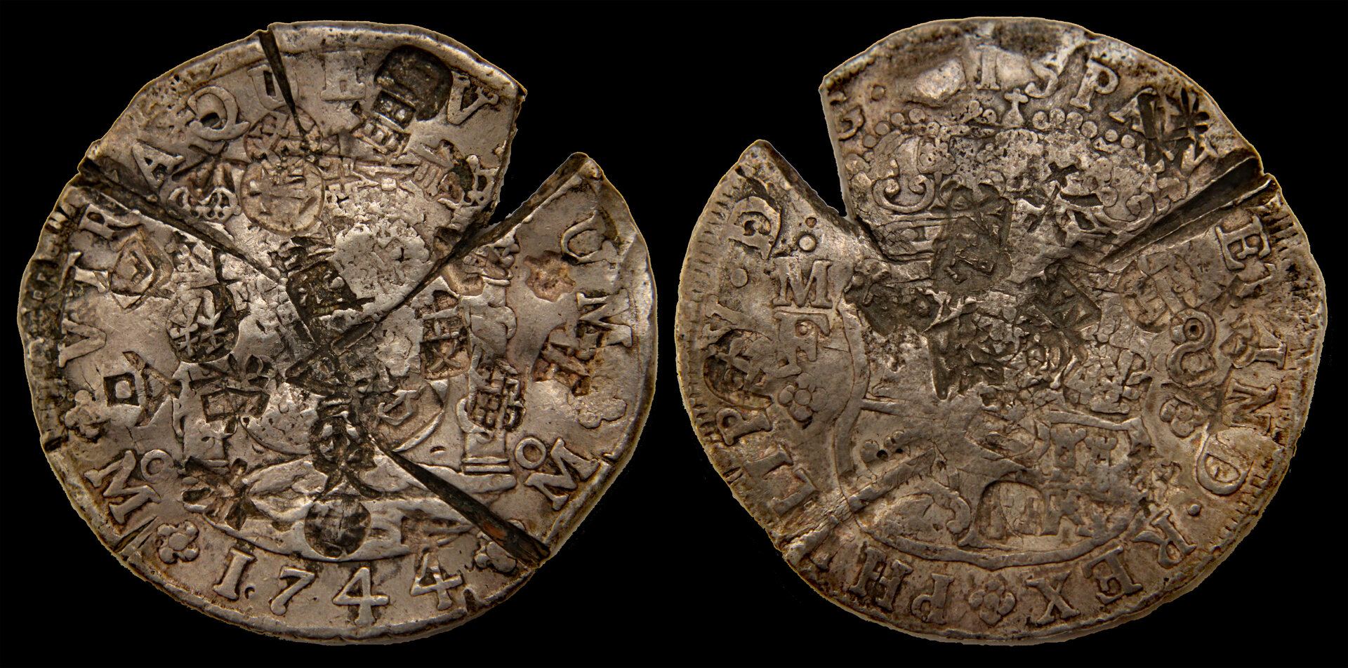 D-Camera Mexico, 8 Reales, 1744 MF, Philip V heavy chops-test cuts 26.4 grams 3-4-21.jpg