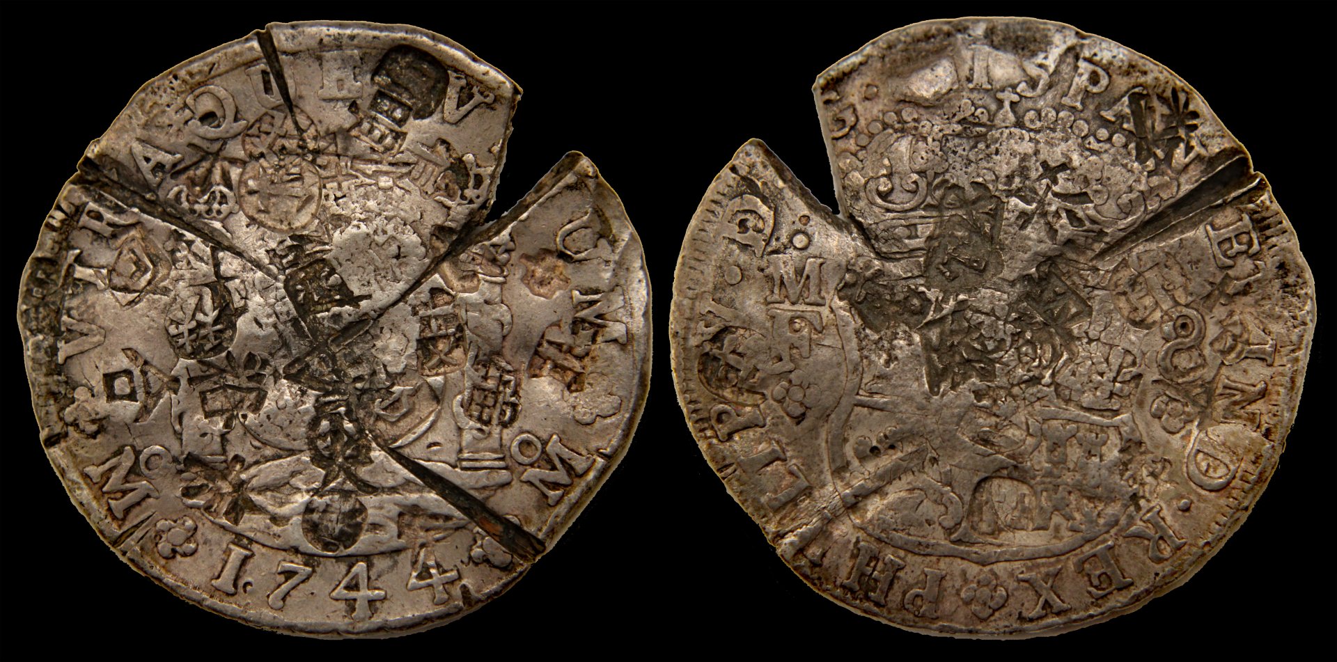 D-Camera Mexico, 8 Reales, 1744 MF, Philip V heavy chops-test cuts 26.4 grams 3-4-21.jpg