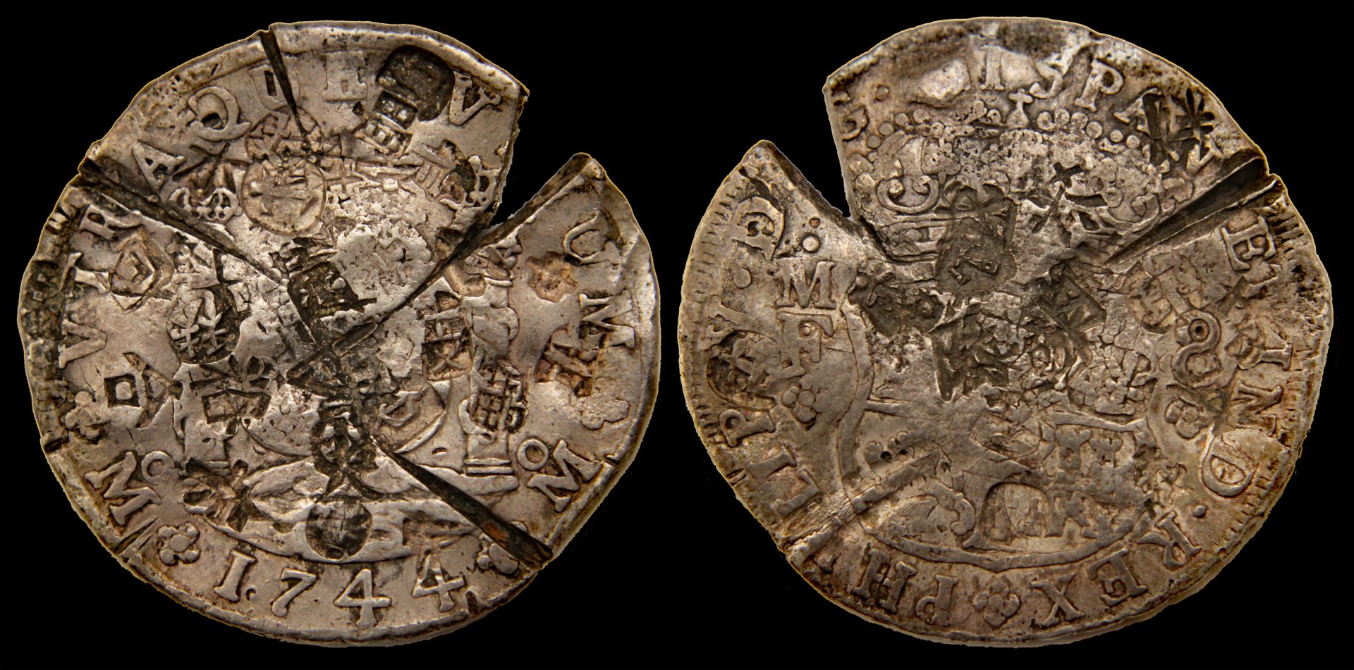 D-Camera Mexico, 8 Reales, 1744 MF, Philip V heavy chops-test cuts 26.4 grams 3-4-21.jpg