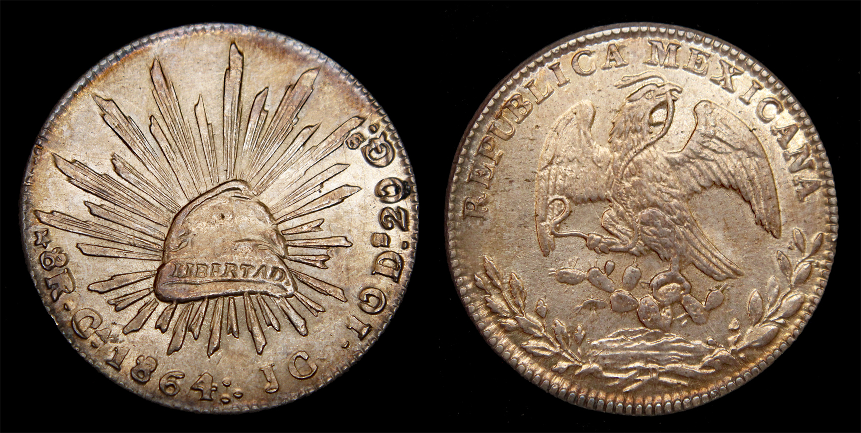 D-Camera Mexico 8 reales 1864 JC Chihuahua KM 377.2 27.45 grams 6-16-23.jpg