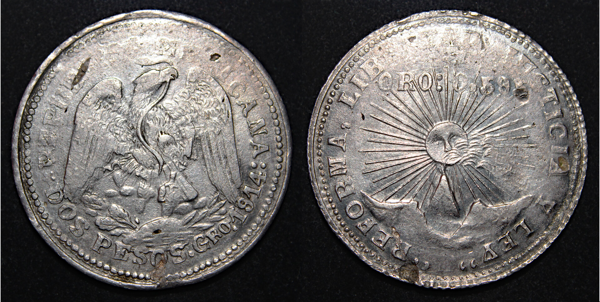 D-Camera Mexico Guerrero dos pesos 1914 zapatista Oro-0,595 km 643 2-26-22.jpg