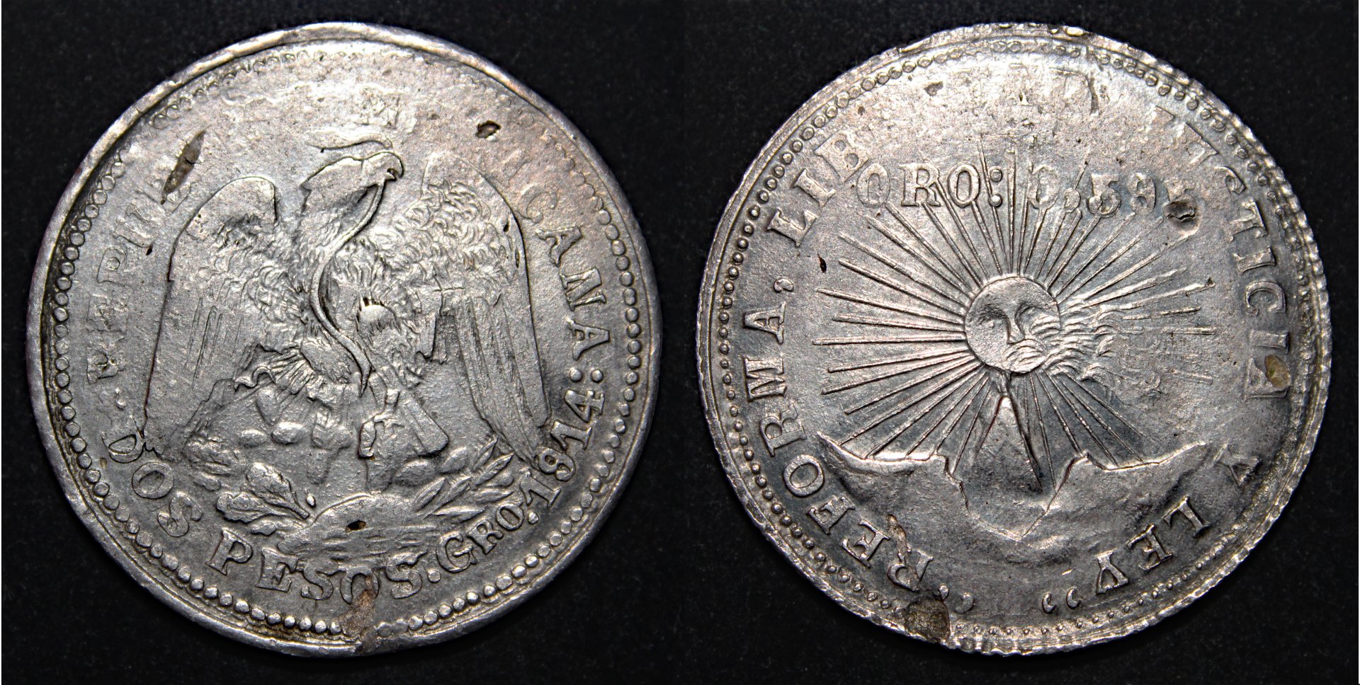 D-Camera Mexico Guerrero dos pesos 1914 zapatista Oro-0,595 km 643 2-26-22.jpg