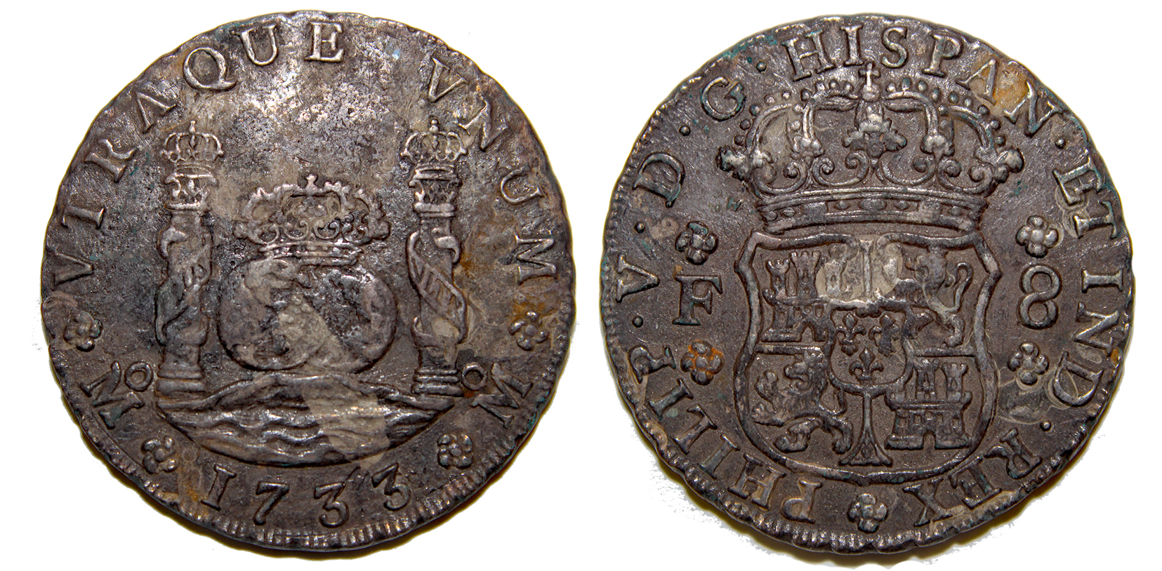 D-Camera Mexico Phil V 8 r 1733 F milled type Marathon Flordia find KM 103 25.6 grams 3-2-23.jpg