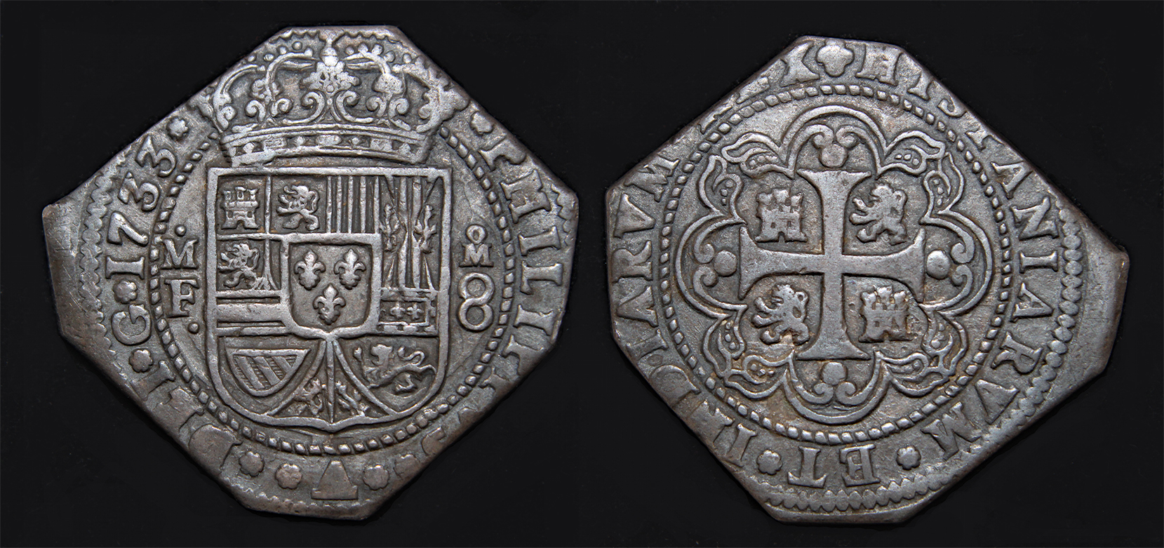 D-Camera Mexico Phil V 8 reales 1733 MFklippe'type, KM 48 27.3 g ex Ponterio,COIN 6-1988 3-1-23.jpg