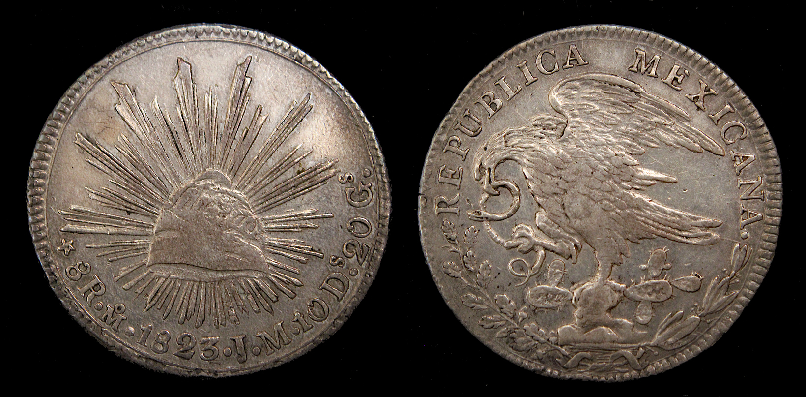 D-Camera Mexico Republic 8 reales 1823 JM, Mexico City KM 376.2 26.9 grams 3-12-23.jpg