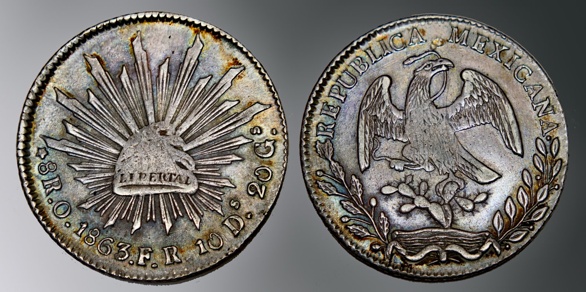 D-Camera Mexico Republic Oaxaca 8 reales 1863 FR VF+ 26.8g 5-2-21.jpg