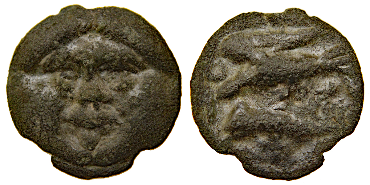 D-Camera Olbia., Gorgoneion, Ca. 400-380 BC. Æ cast 36mm, 18.1 grams,  white, 9-17-20.jpg