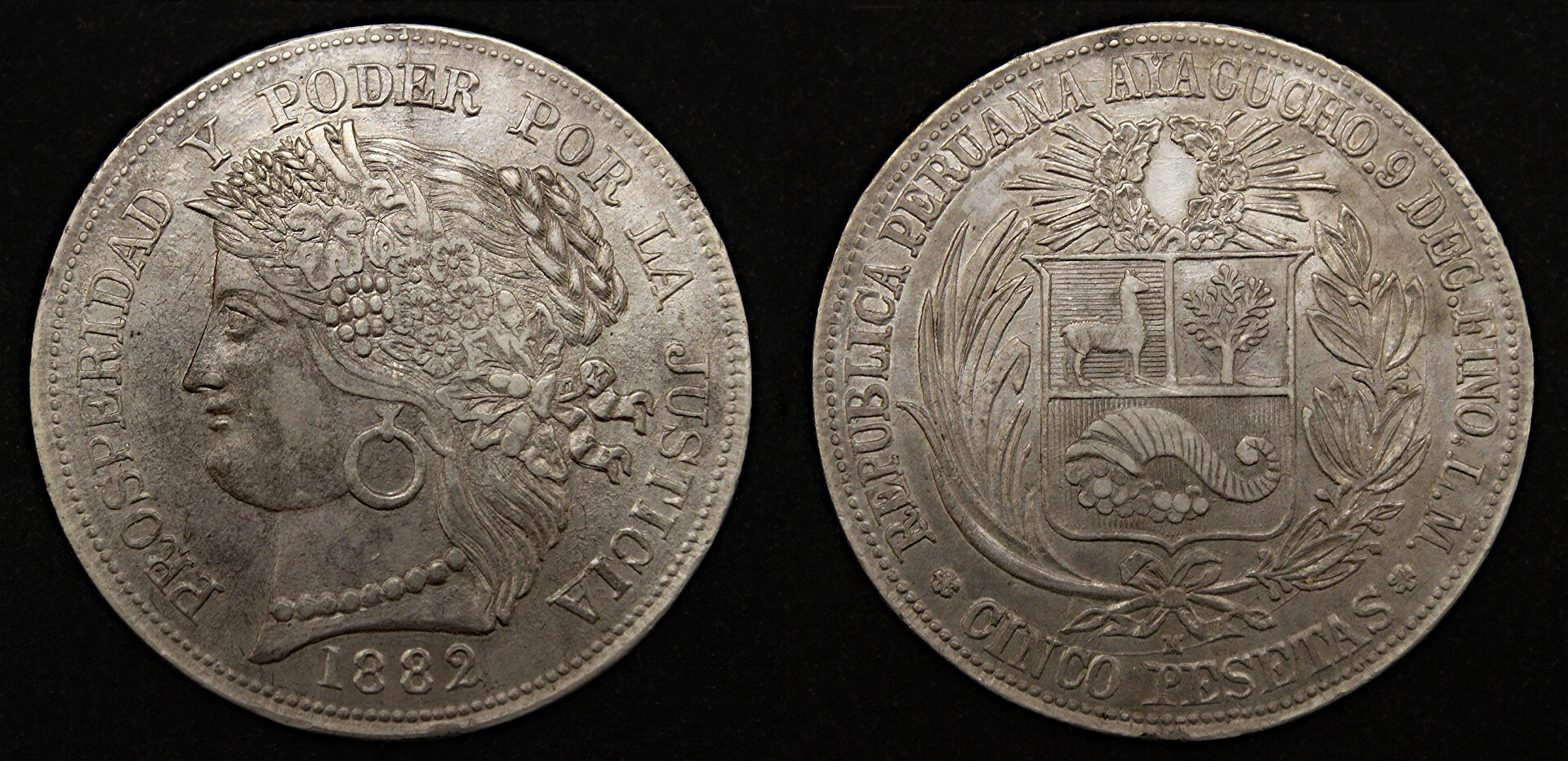 D-Camera Peru 5 pesetas Ayacucho 1882LM Provisional KM201.3 3-9-22.jpg