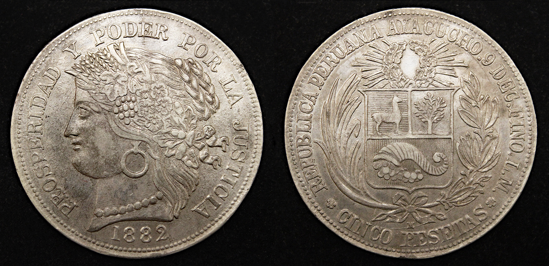 D-Camera Peru 5 pesetas Ayacucho 1882LM Provisional KM201.3 3-9-22.jpg