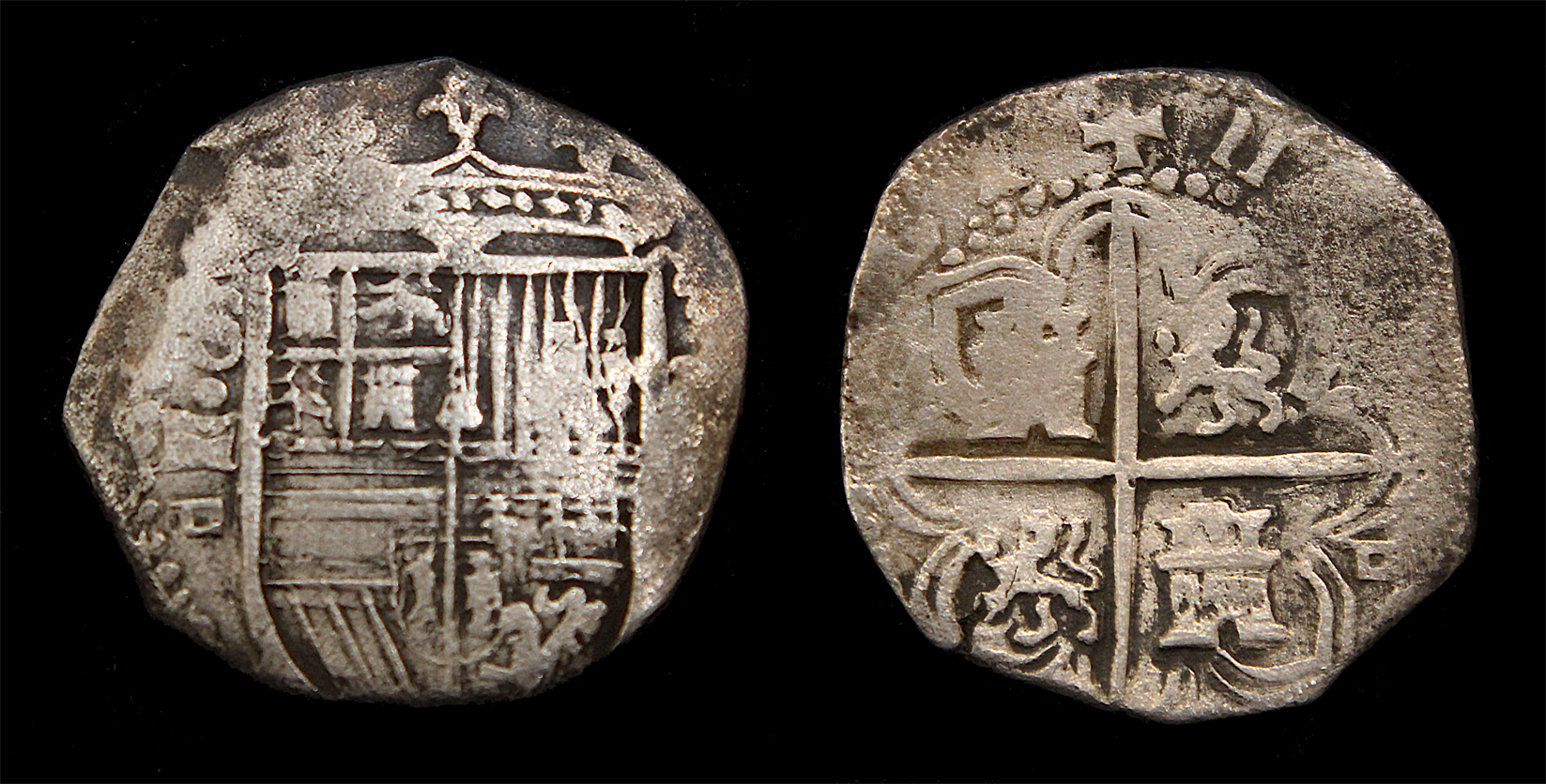 D-Camera Spain 4 reales Philip II Seville Assayer D (both sides) circa 1590  12.91 grams 4-23-23.jpg