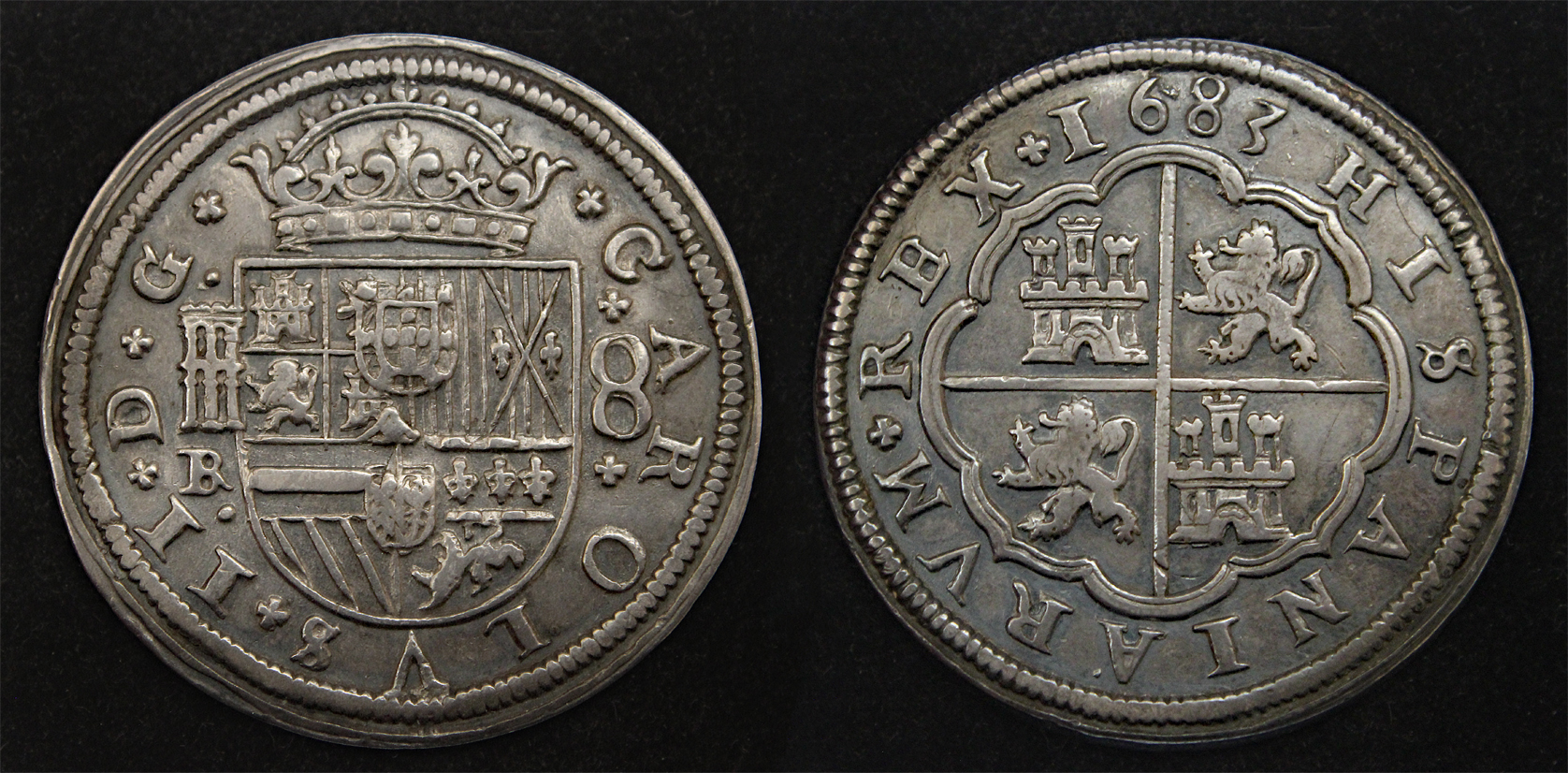 D-Camera Spain 8 reales Charles II 1683, Assayer BR, Segovia KM 191.3 26.3 grams 3-7-23.jpg