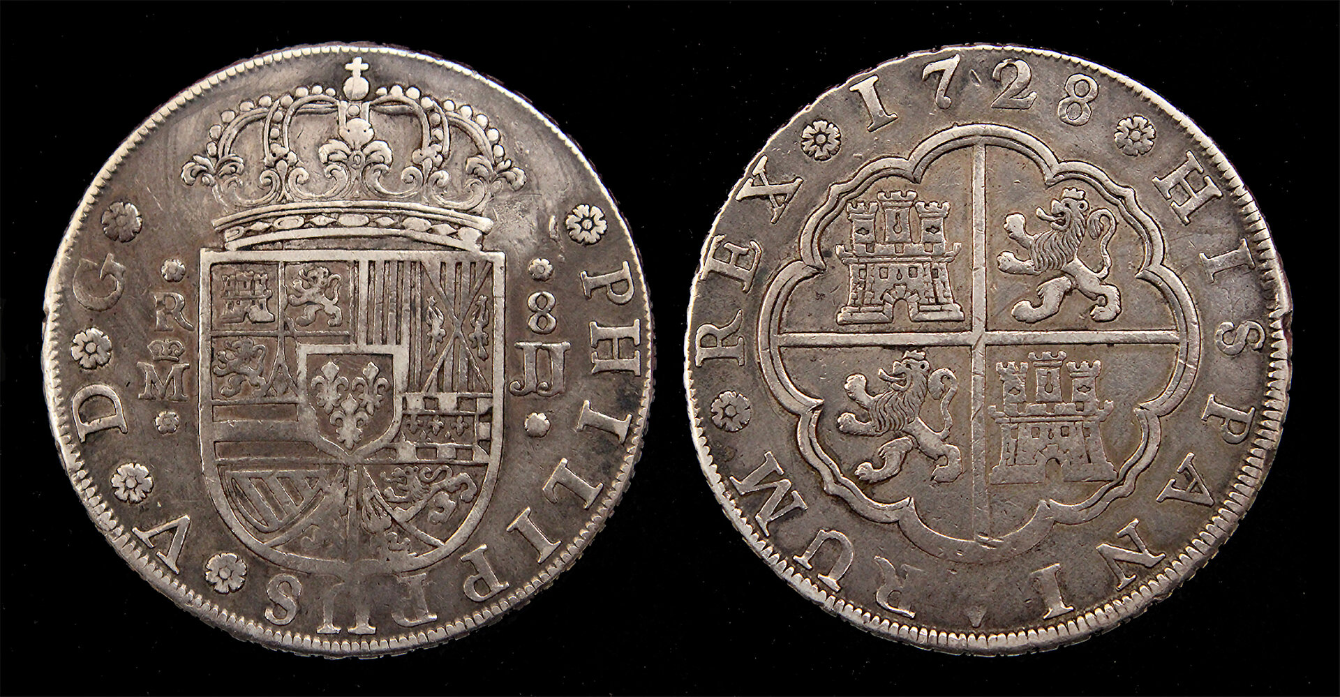 D-Camera Spain 8 reales Philip V Madrid 1728 JJ KM 336.2 27.07 grams 4-4-23.jpg