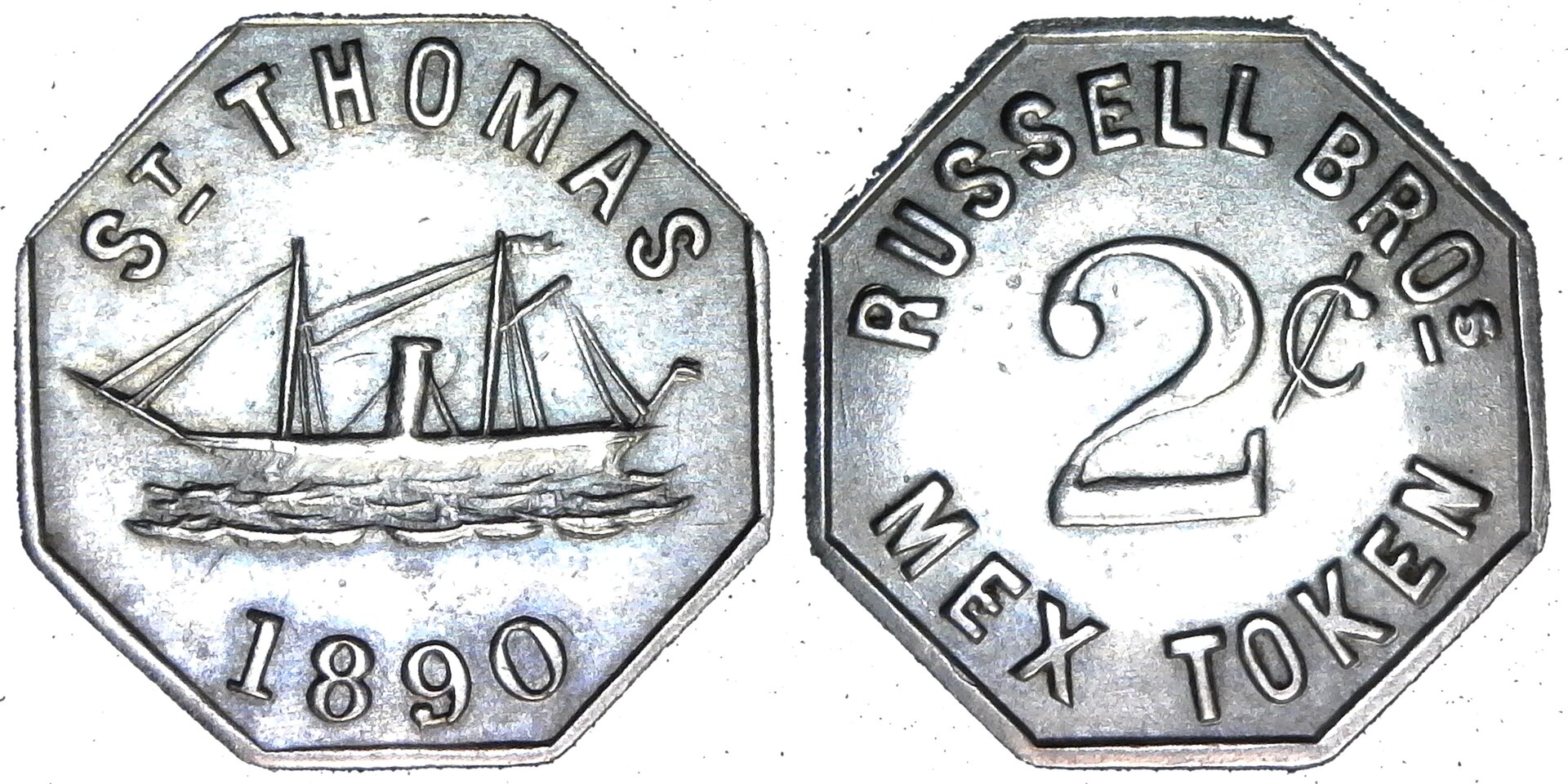 Danish West Indies 2 Cent Token Russell Bro's,  St. Thomas 1890 obv A-side-cutout.jpg