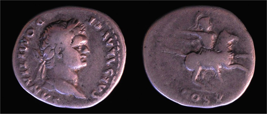 Domitian Denarius Horseman Galloping right w right hand raised RIC 957.jpg