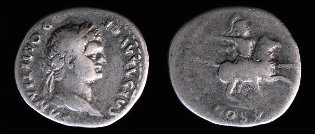 Domitian Denarius Horseman Galloping right w right hand raised RIC 957.jpg