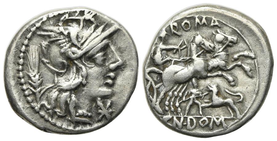 Domitius Ahenobarbus denarius, hunter & lion on reverse.jpg
