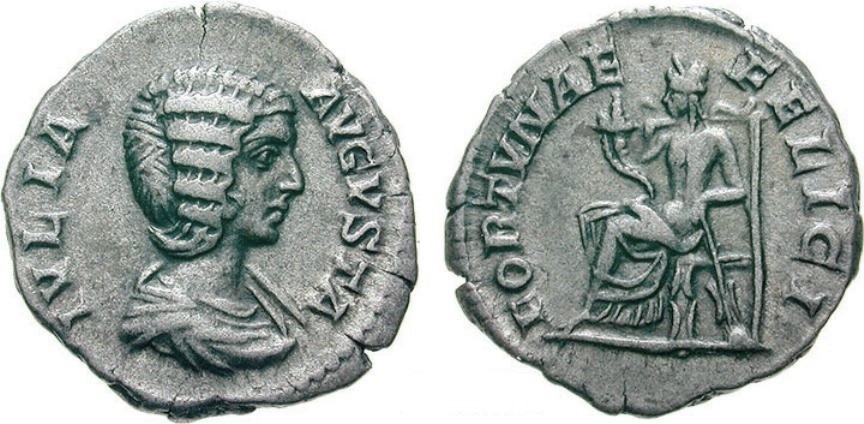 Domna FORTVNAE FELICI seated denarius.jpg