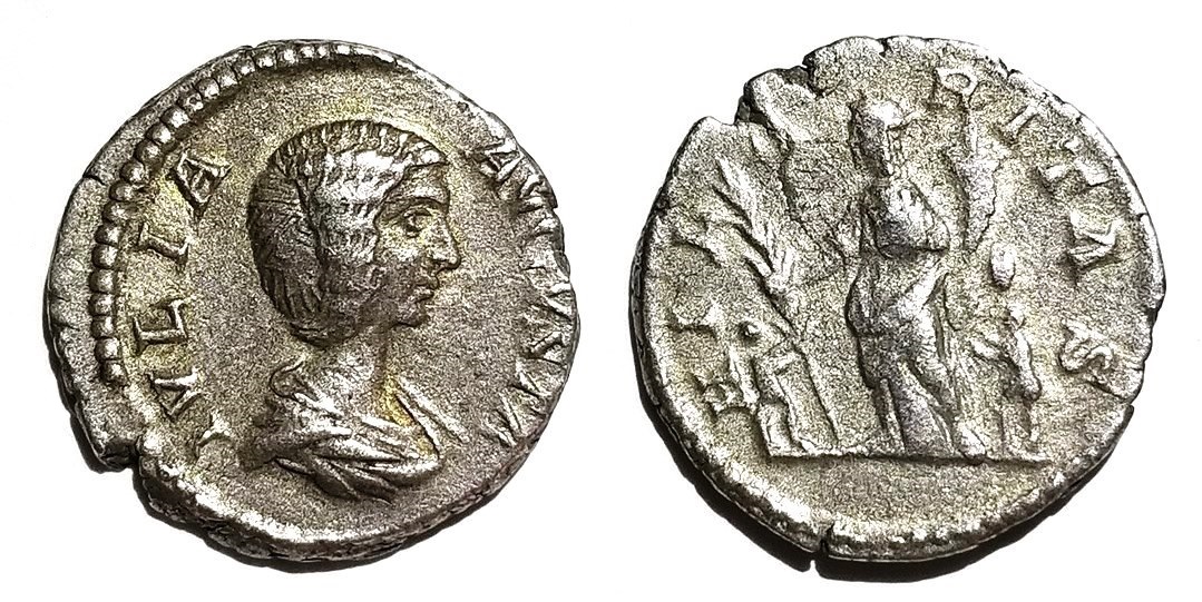 Domna Hilaritas palm and cornucopiae denarius children at feet.jpg