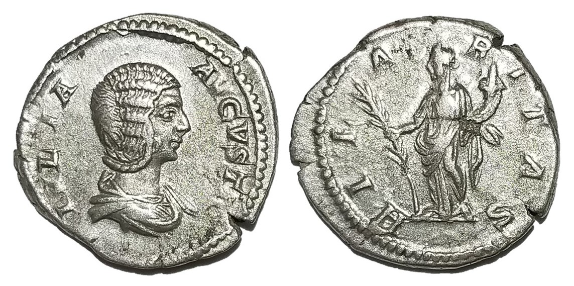 Domna HILARITAS palm and cornucopiae denarius Rome later hairstyle.jpg