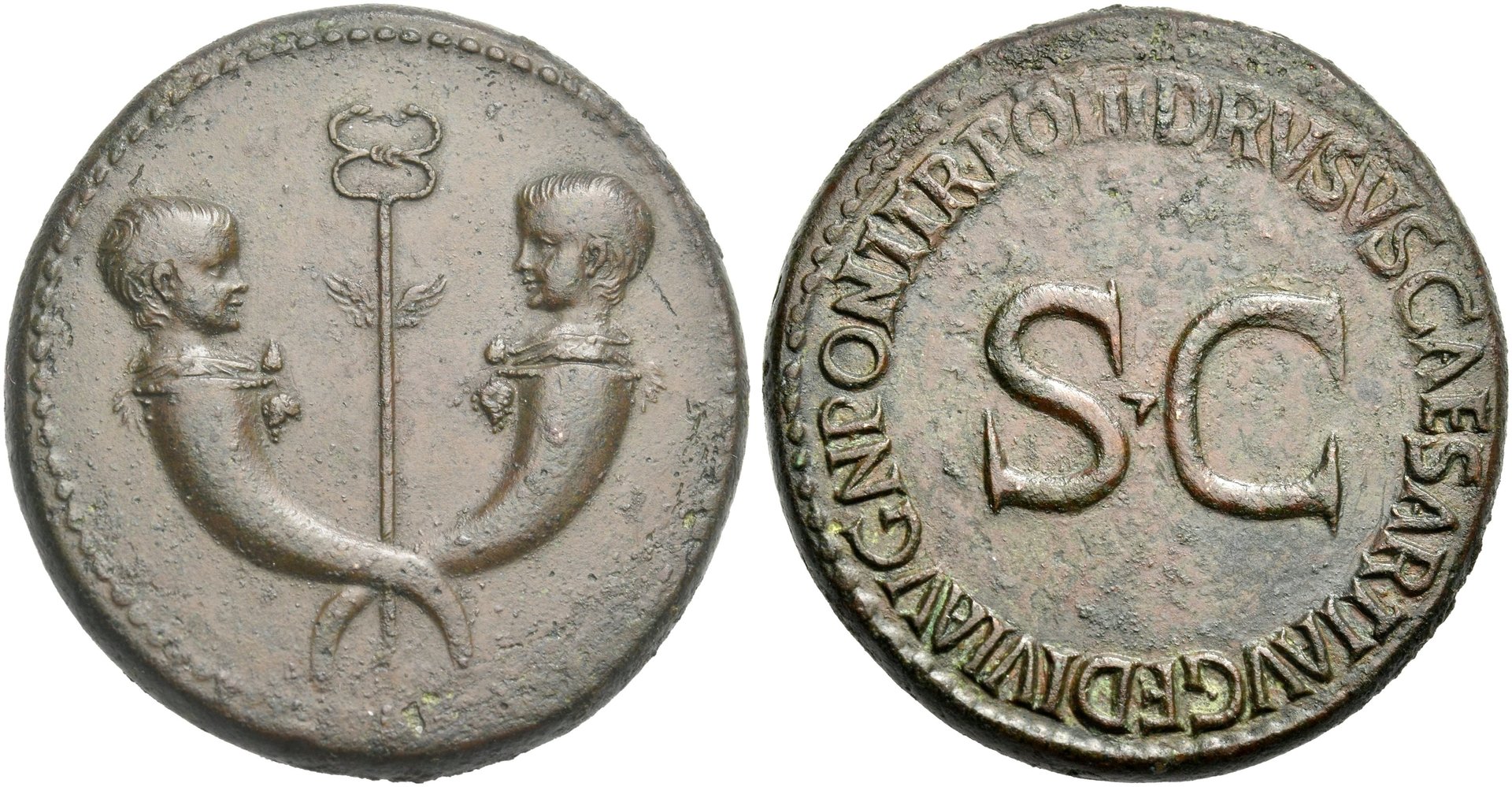 Drusus son of Tiberius sestertius with crossed cornucopiae, sold May 2020 at NAC auction.jpg