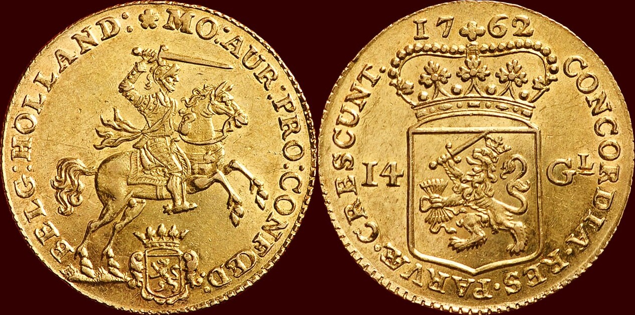 Dutch Gold 14 Gulden (minted in Dordrecht in 1762 by the Mint Master Wouter Buck).jpg