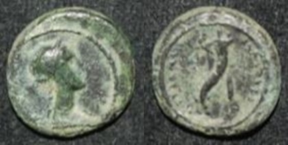 Egypt Cleopatra VII Cyprus  AE 11 1.8g obol Paphos mint as Isis dbl-corunc SNG Cop 649.jpg