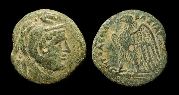 Egypt Ptolemy II 285-274 BC AE Obol 20mm 6.7g  Alex III Eagle Tbolt Plain SV 601.JPG