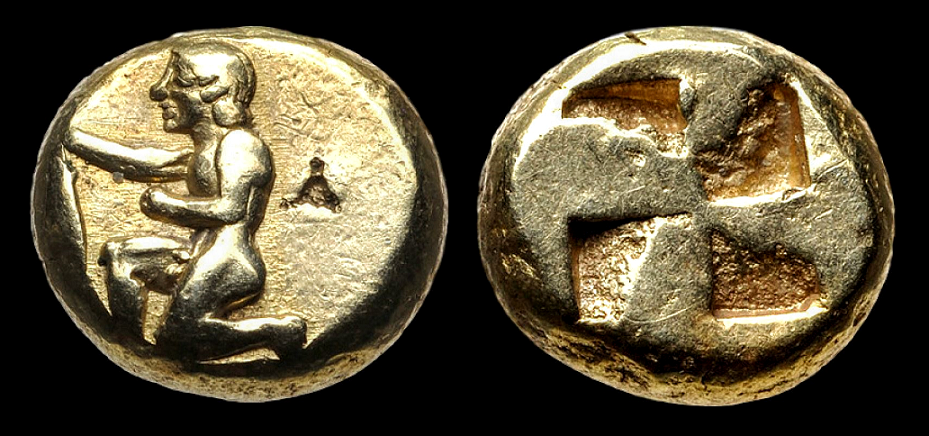 El Hekte Mysia, Kyzikos kneeling man 500-450 BC.png