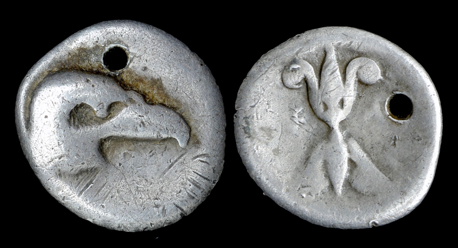 ELIS Olympia - Hemidrachm holed Eagle Thunderbolt.jpg