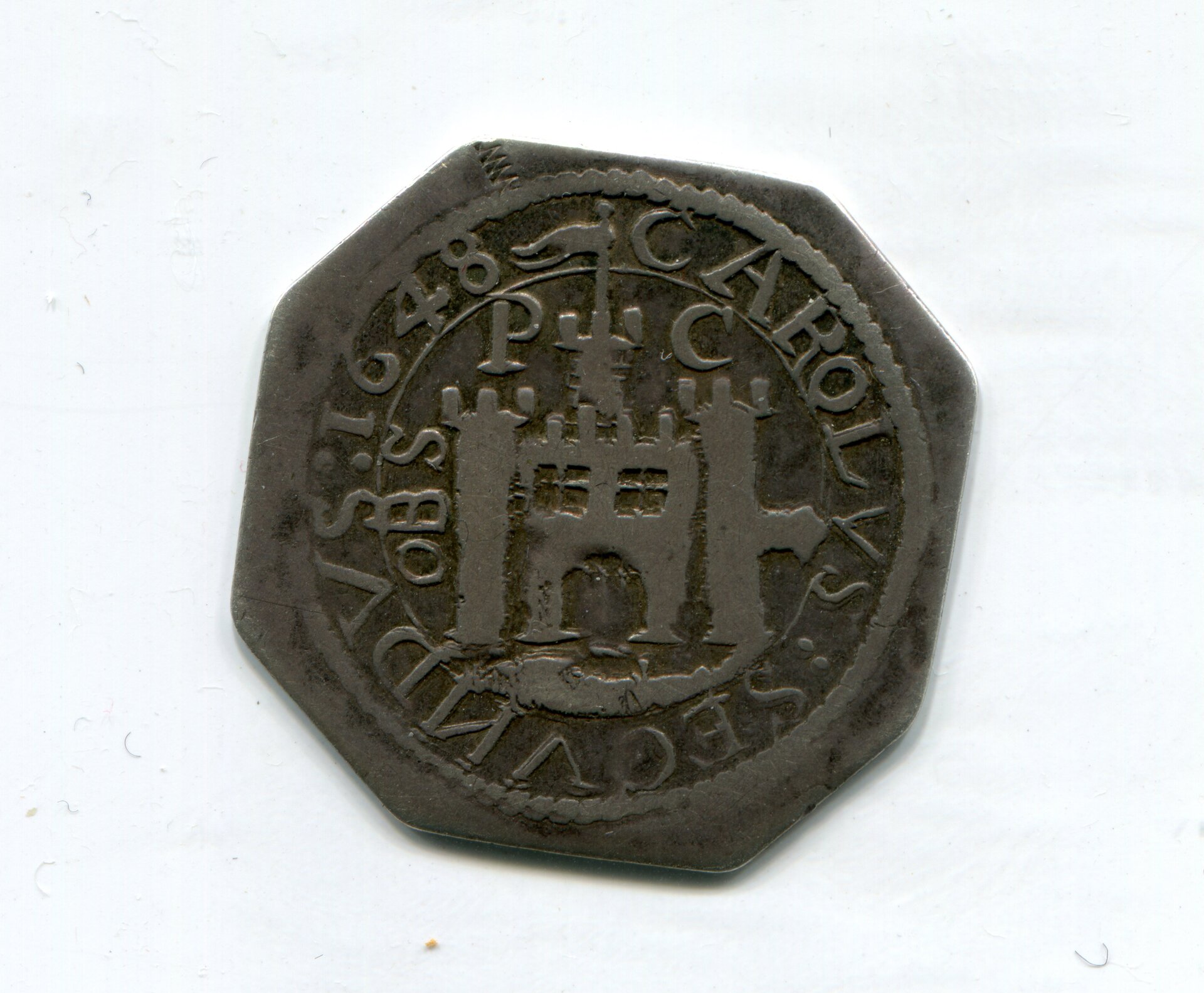 England Chas I posthumous Shilling in name of Ch II 1648 Pontefract rev 004.jpg