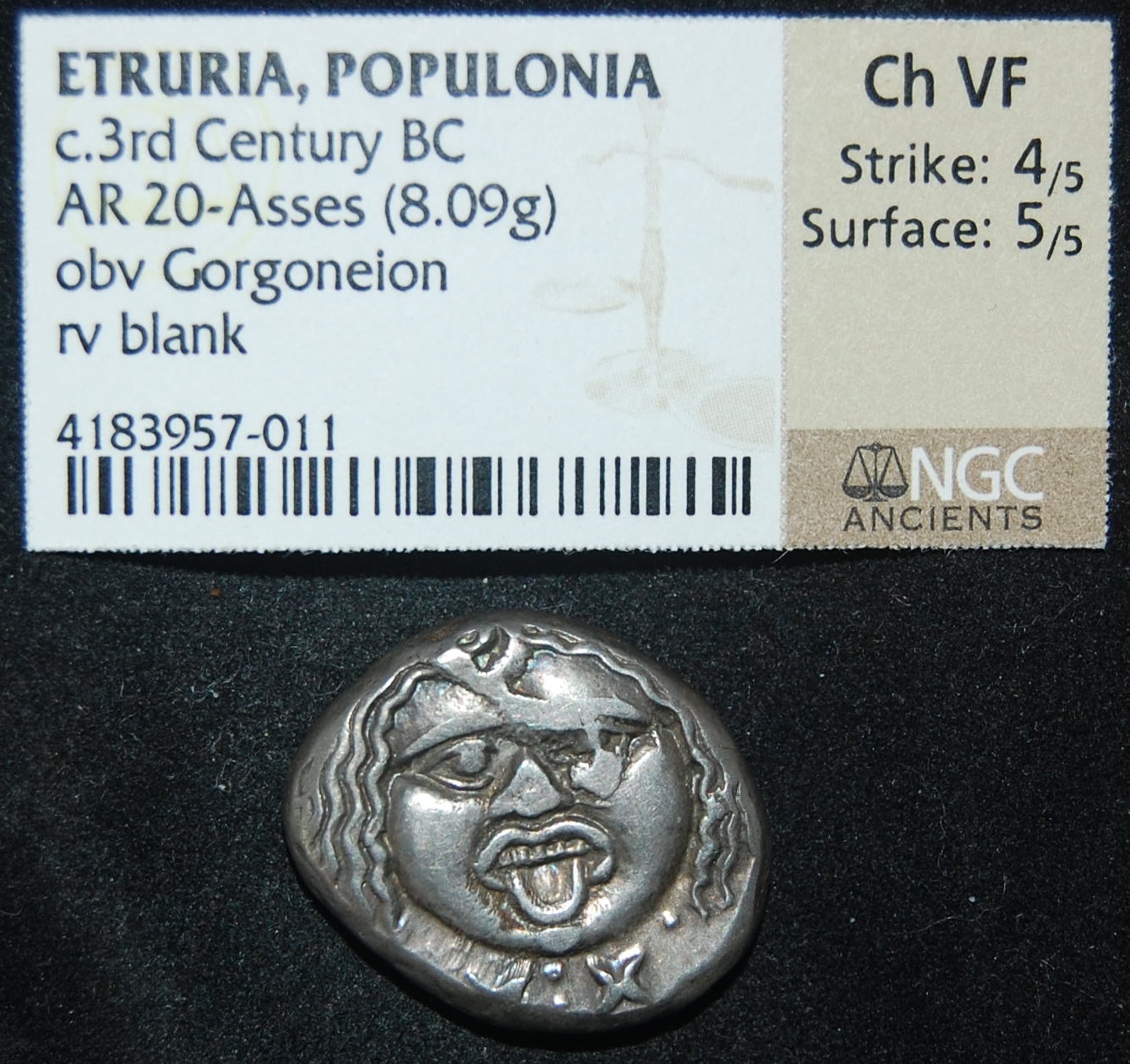 Etruria Populonia 3rd C BCE AR 20 As 8.1g Metus Blank NGC Cert HN 152 Obv.JPG