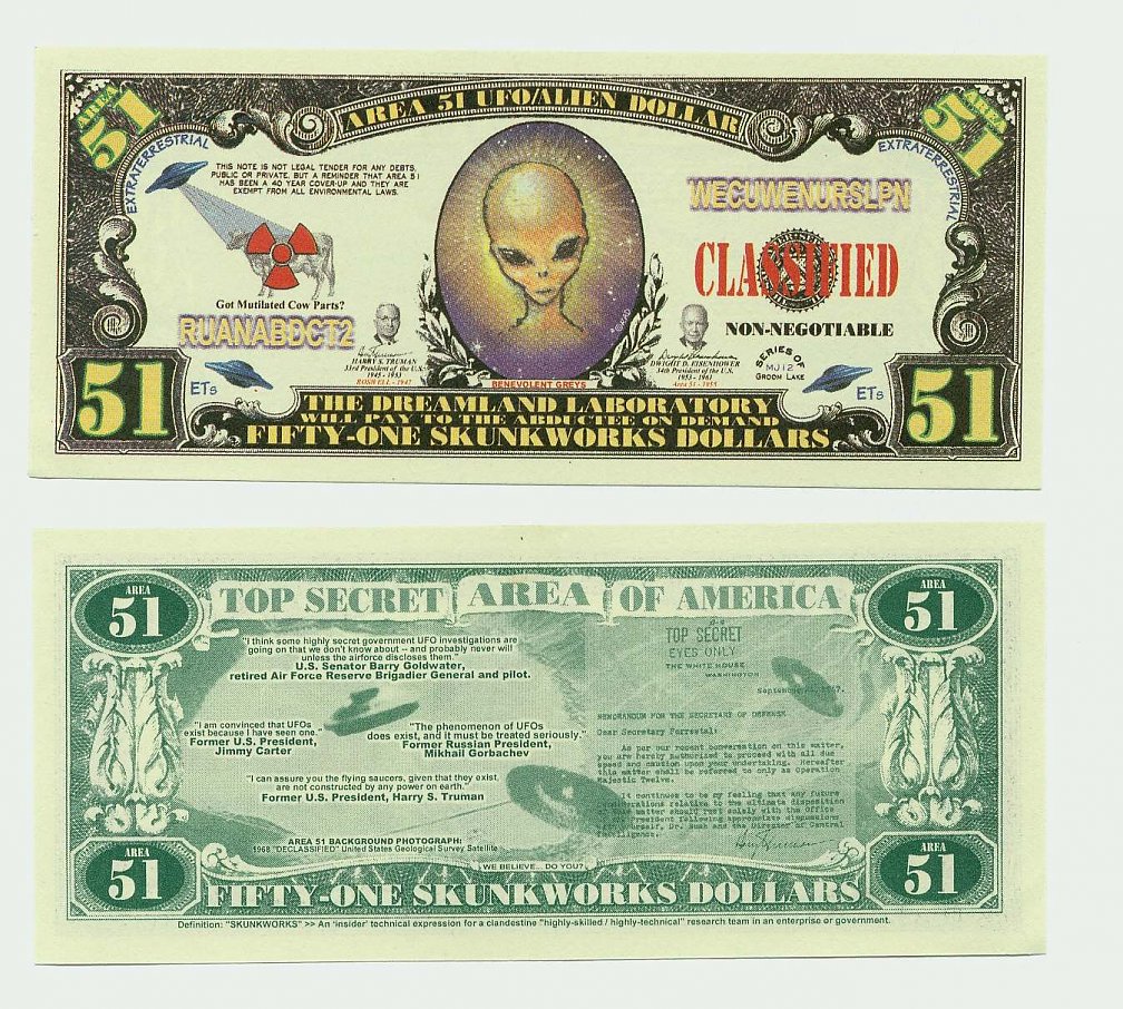 Area 51 Million Dollar Novelty Lot of 2 Bills Extraterrestrial Note Alien 