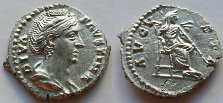 Faustina I denarius Juno seated RIC 363.jpg