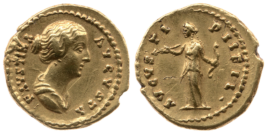 Faustina Jr AVGVSTI PII FIL Diana quinarius aureus BMC.png
