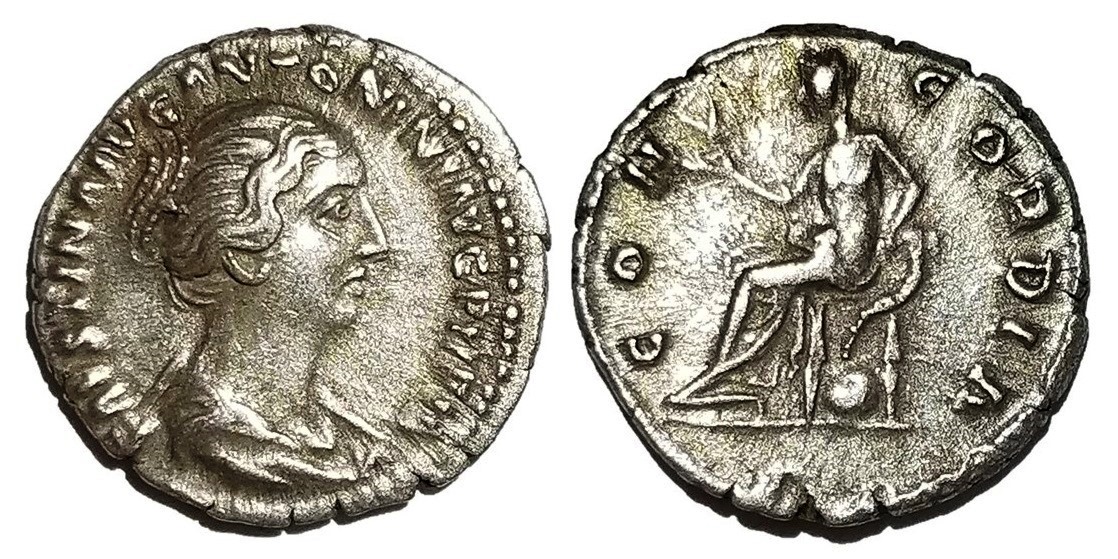 Faustina Jr CONCORDIA seated denarius ANTONINI inscription.jpg