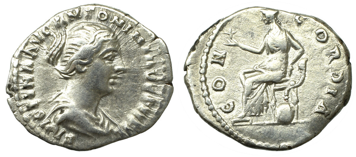 Faustina Jr CONCORDIA seated denarius ANTONINI inscription Rzeszowski.jpg