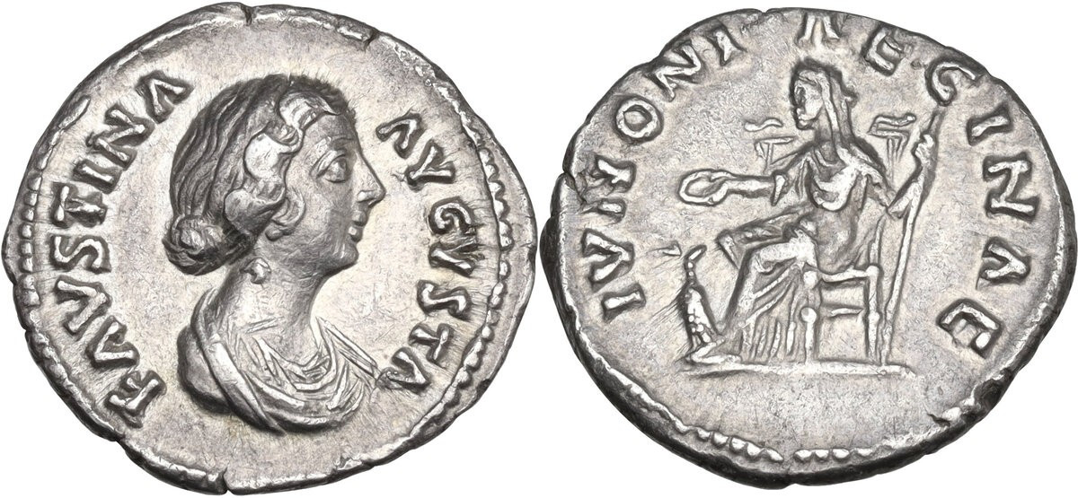 Faustina Jr IVNONI REGINAE seated denarius bare-headed bust Artemide.jpg