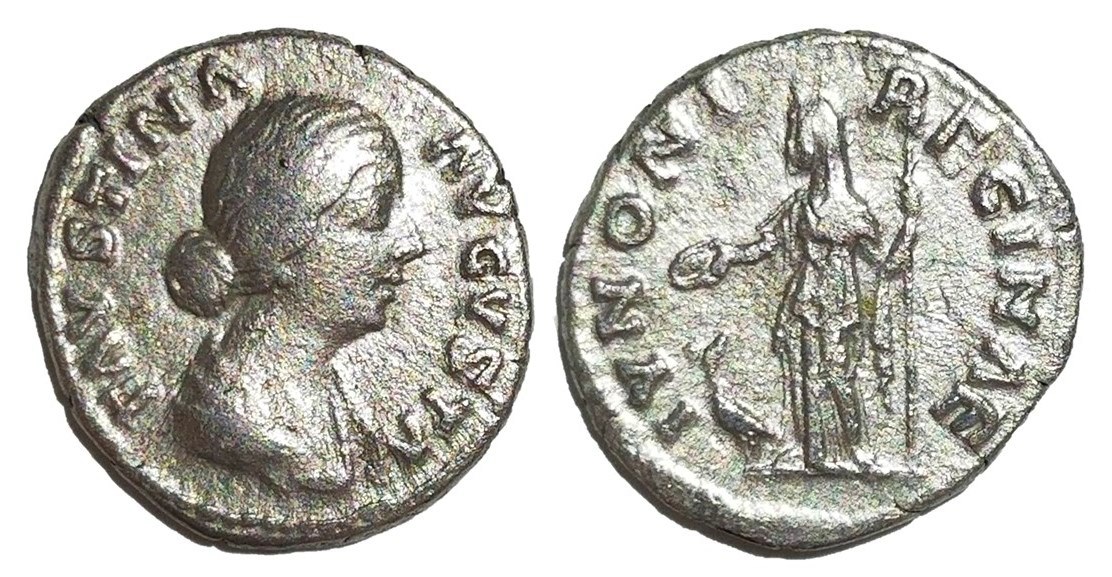 Faustina Jr IVNONI REGINAE standing Denarius bare headed.jpg