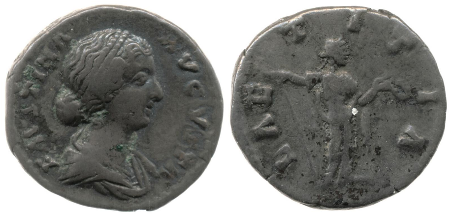 Faustina Jr LAETITIA standing right denarius double pearls BMC.png