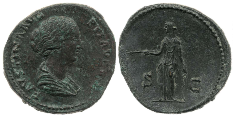 Faustina Jr S C Diana Sestertius earlier issue BMC transitional coiffure.png