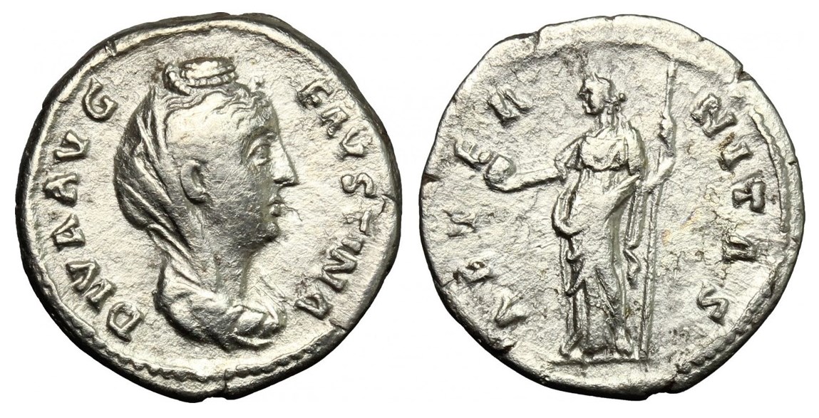 Faustina Sr AETERNITAS Providentia globe and scepter denarius veiled bust.jpg