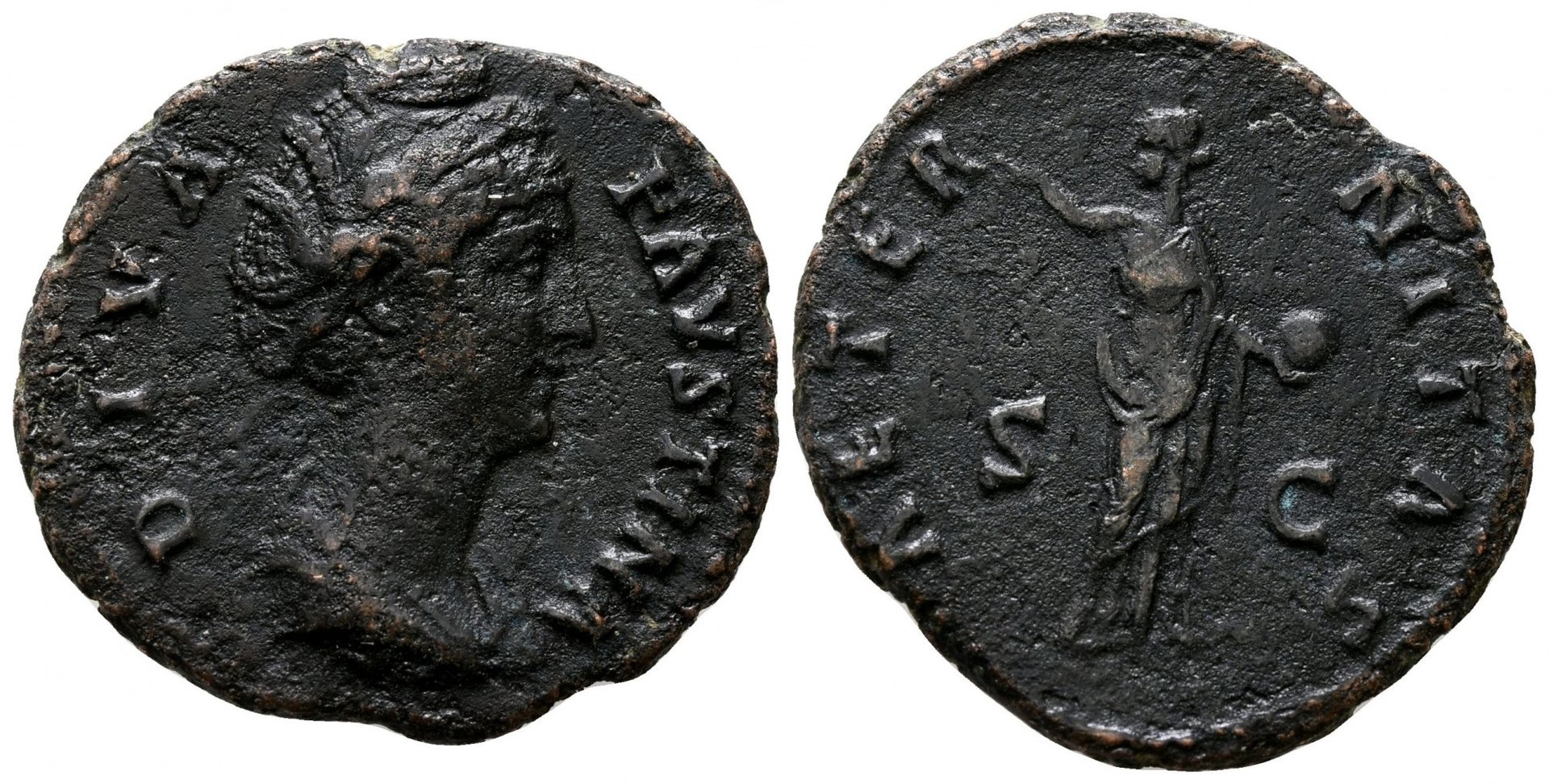 Faustina Sr AETERNITAS Providentia raising r hand and holding globe dupondius.jpg