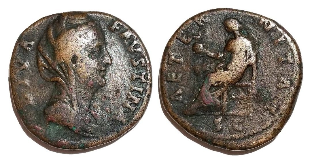 Faustina Sr AETERNITAS S C Aeternitas seated sestertius veiled bust.jpg