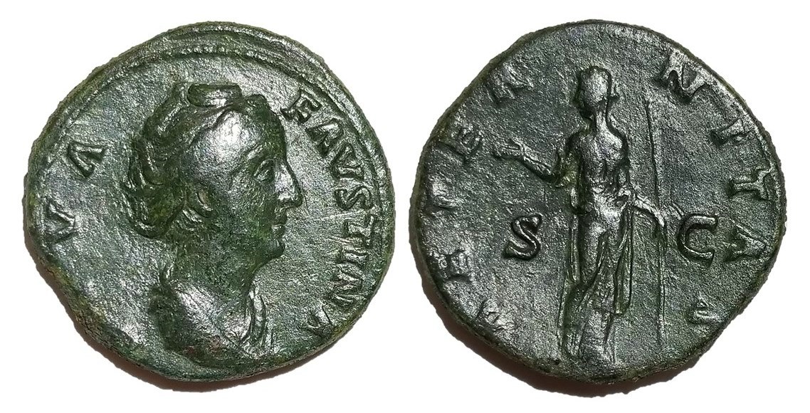 Faustina Sr AETERNITAS S C Juno raising hand and holding scepter sestertius.jpg