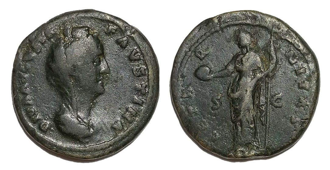 Faustina Sr AETERNITAS S C Providentia globe and scepter dupondius veiled bust.jpg